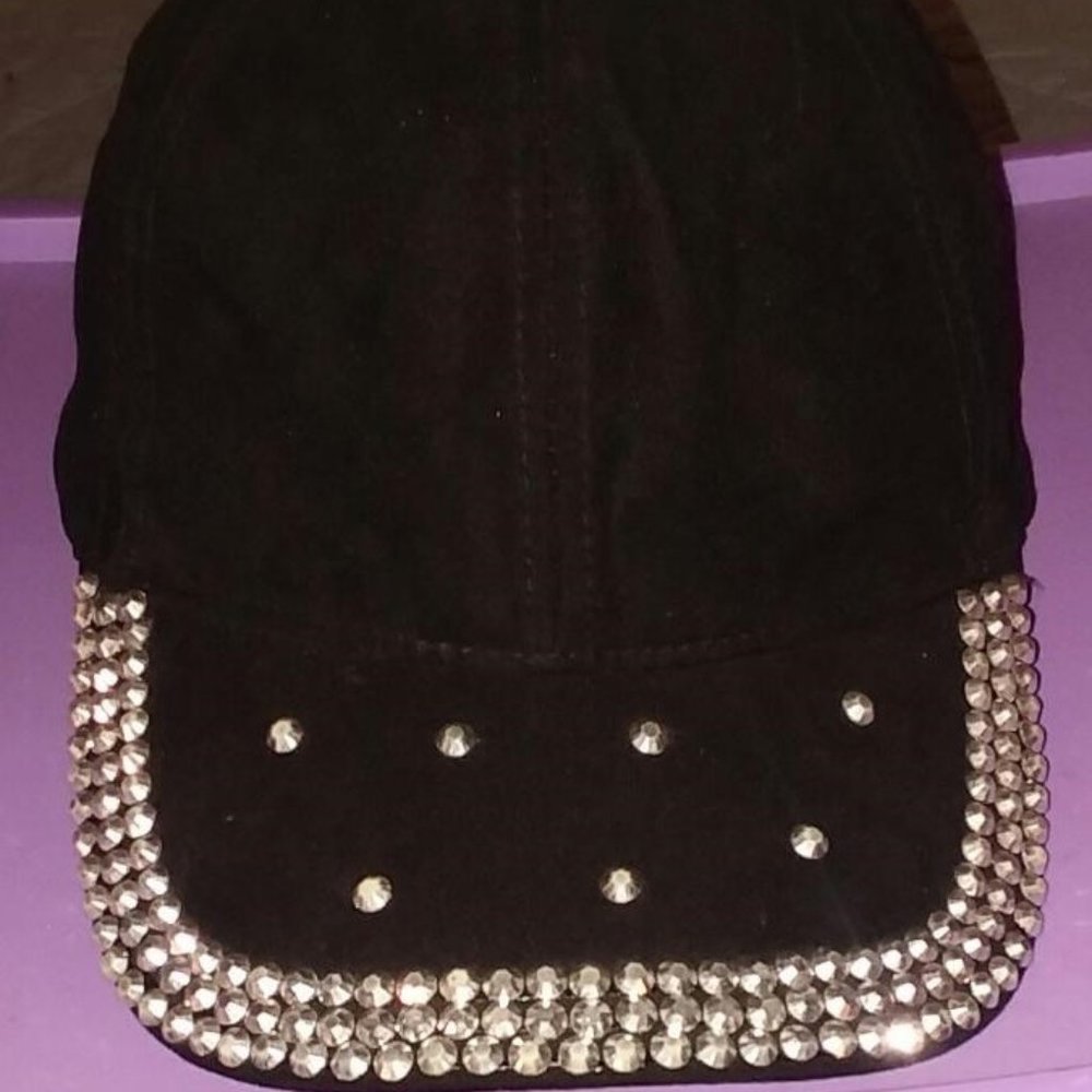Bling Studded Black Velveteen Baseball Cap-One Sz